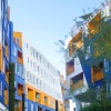 blue and yellow buildings with landscaping